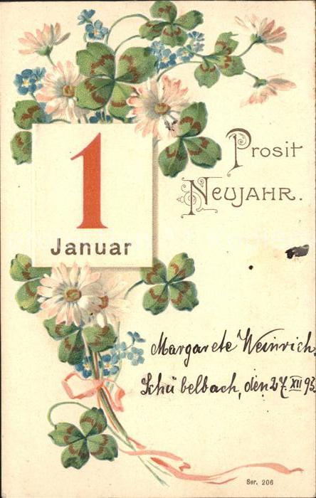 Datumskarte 1. Januar Neujahr Kleeblaetter Blumen Litho