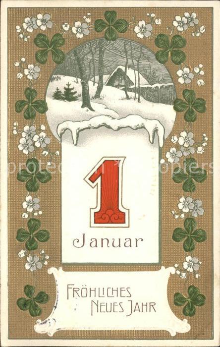 Datumskarte 1. Januar Neujahr Kleeblätter Blumen