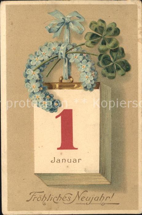 Datumskarte 1. Januar Neujahr Vergissmeinnicht Klee