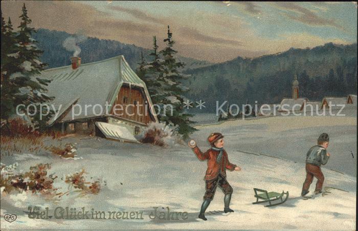 Schlitten Schnee Kinder Schneeballschlacht Neujahr