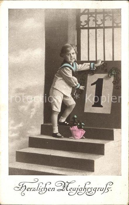 Datumskarte 1. Januar Neujahr Kind Matrosenanzug
