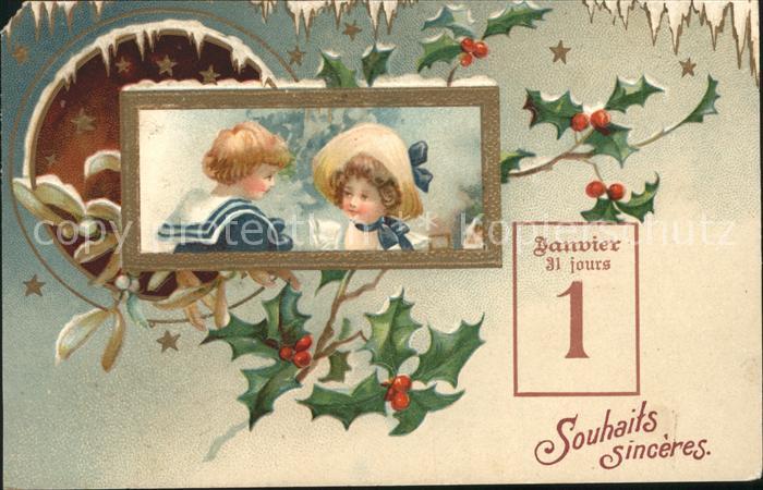 Datumskarte 1. Januar Neujahr Kinder Mistel Stechpa