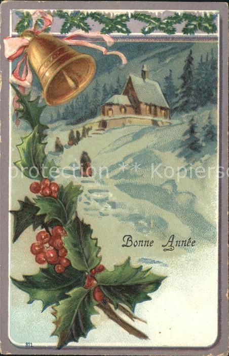 Kirchenglocke Churchbell Cloche Eglise Stechpalme Neujahr Litho