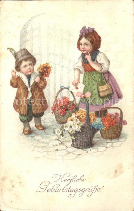 Kinder Child Enfants Blumen Koerbe Glueckwunsch Geburtstag
