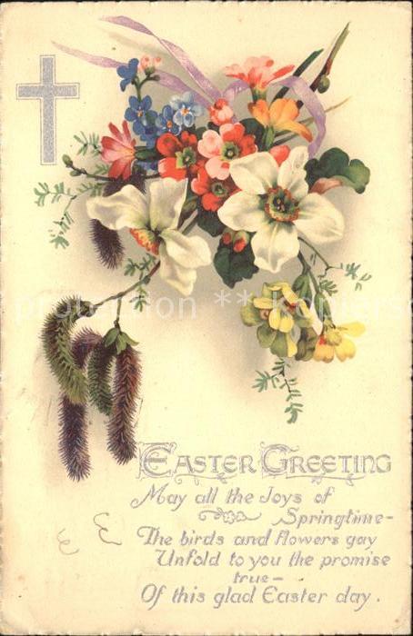 Ostern Easter Paques Narzisse Schluesselblume Weidenkaetzchen Vergissmeinnicht G