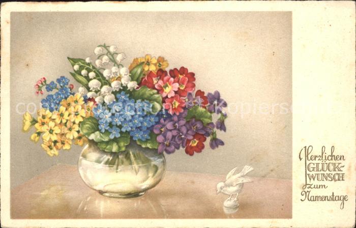 Namenstag Namenskarte Vergissmeinnicht Schluesselblumen Maigloeckchen Veilchen P