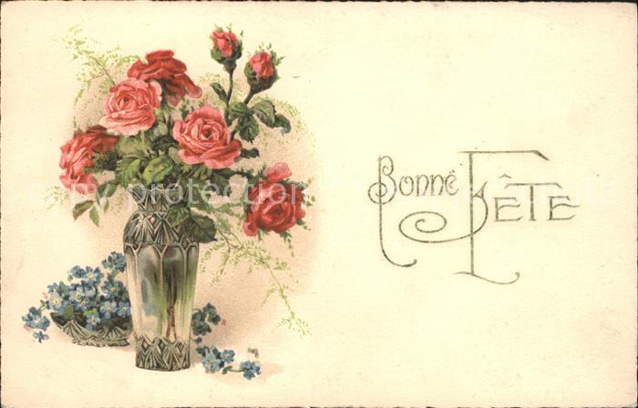 Rosen Vergissmeinnicht Bonne Fete Litho