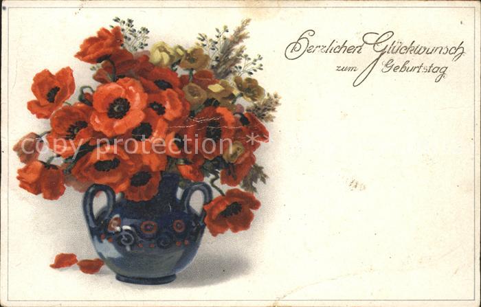Geburtstag Glückwunsch Mohnblumen Vase Litho