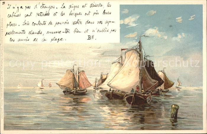 Grobe G. Strandleben Segelboote Litho