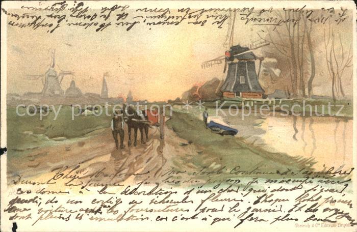 Windmuehle Pferdekarren Litho
