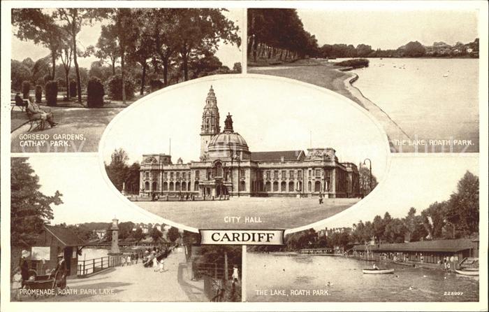 Cardiff Wales City Hall Gorsedd Gardens Cathay Park Lake Roath Park Promenade