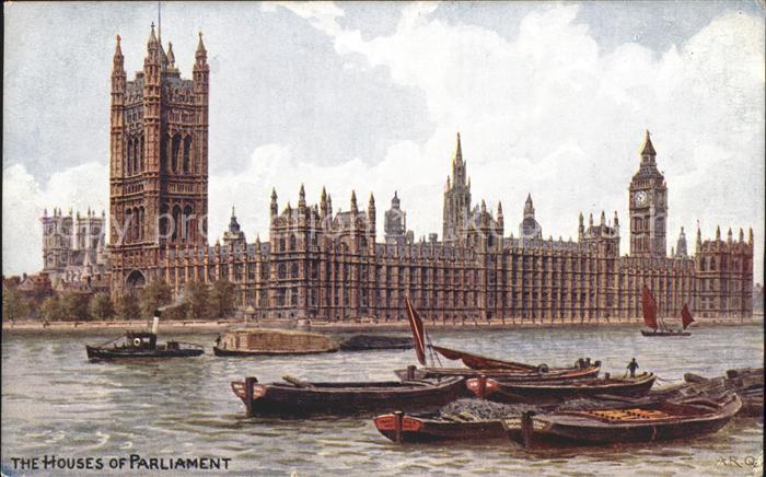 London Houses of Parliament Thames Boat Water Colour Drawing by AR Quinton