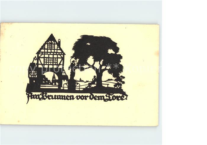 Scherenschnitt Schattenbildkarte U. M. Schwindt Am Brunnen vor dem Tore