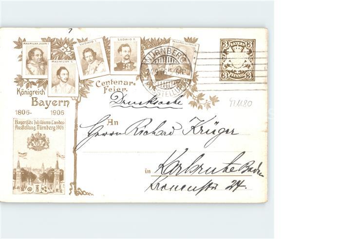 Briefmarken auf Postkarte Koenigreich Bayern Landesausstellung Nuernberg 1906