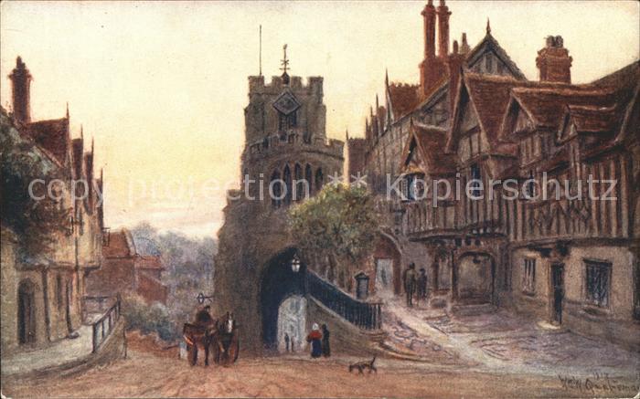 Warwick Warwick West Gate and Leicester Hospital Colour Drawing by W. Quatremain