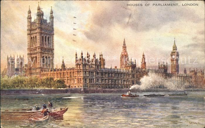 London Houses of Parliament Thames Boat Kuenstlerkarte