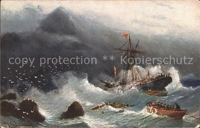 Segelschiffe An der Felsenkueste gestrandet Kuenstlerkarte