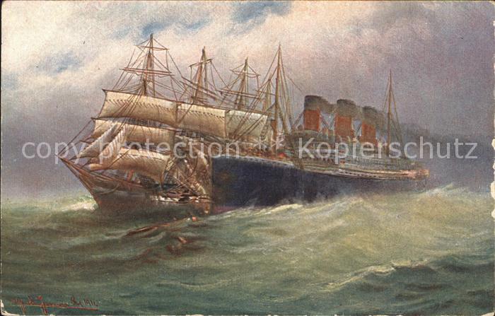 Segelschiffe Ozeandampfer Kollision Kuenstlerkarte