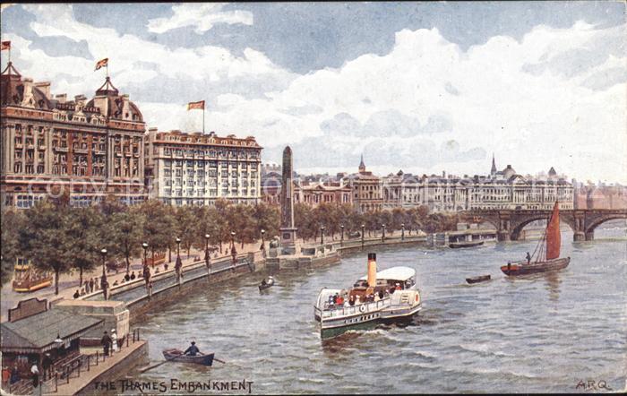 London Thames Embankment Steamer Cleopatra's Needle Obelisk Water Colour Paintin
