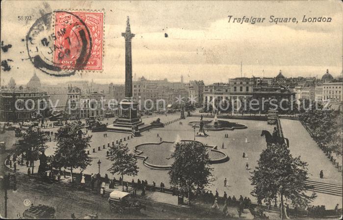 London Trafalgar Square Fountain Nelsons Column Stempel auf AK