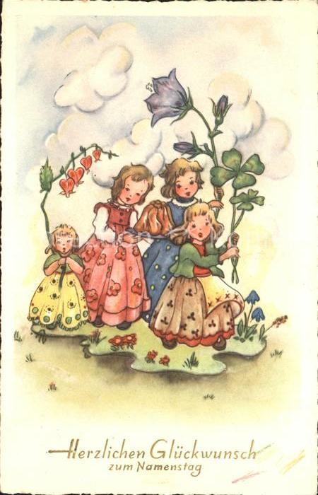 Namenstag Namenskarte Kinder Blumen Kleeblatt Kuchen