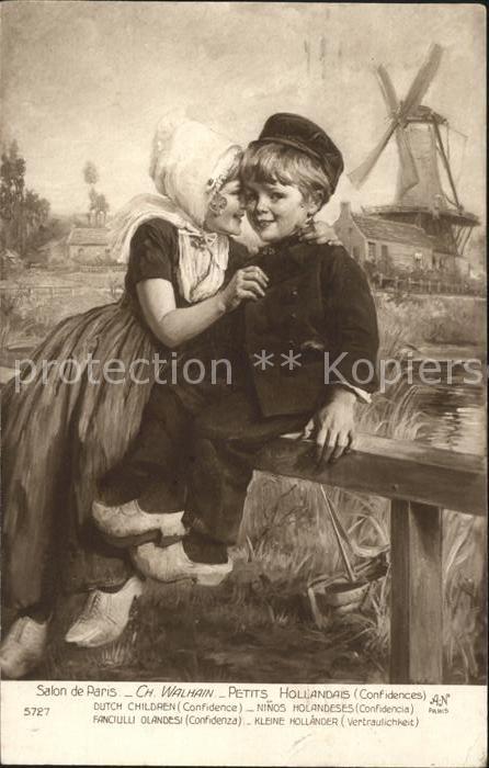 Kinder Hollandtracht Windmühle Künstlerkarte Ch. Walhain Sal