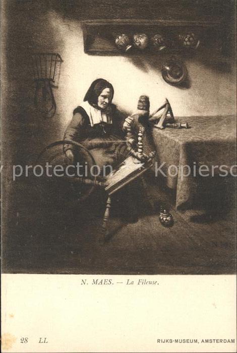 Kuenstlerkarte N. Maes La Fileuse Nr. 28 Spinnrad