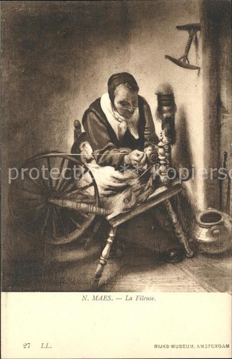 Kuenstlerkarte N. Maes La Fileuse Nr. 27 Spinnrad