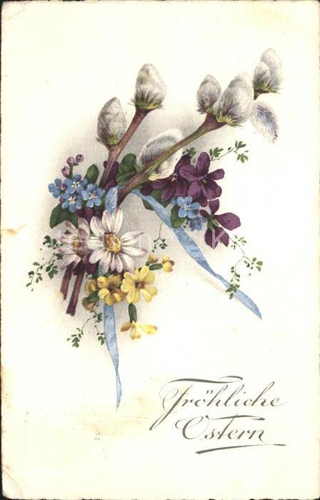 Ostern Easter Paques Weidenkaetzchen Veilchen Primel Margeriten Vergissmeinnicht