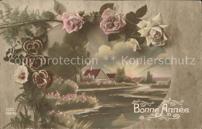 Verlag DIX Paris Nr. 1064/5 Neujahr Rosen Stiefmütterchen