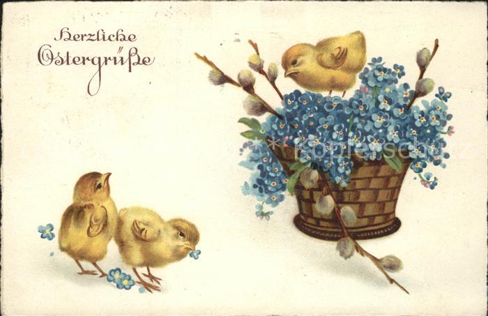 Ostern Easter Paques Kueken Vergissmeinnicht Korb Weidenkaetzchen Litho