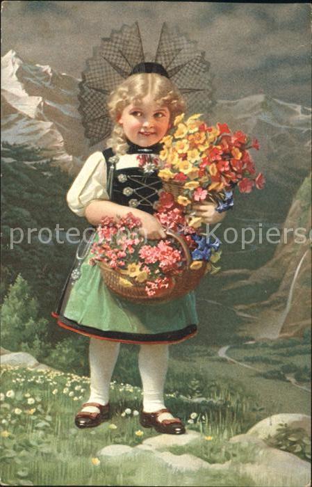 Kinder Child Enfants Maedchen Tracht Schweiz Blumen