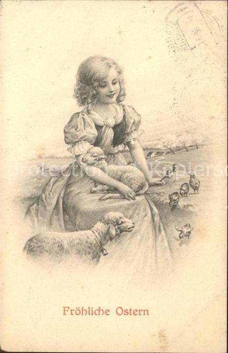 Ostern Easter Paques Kind Maedchen Lamm Schaf Kueken