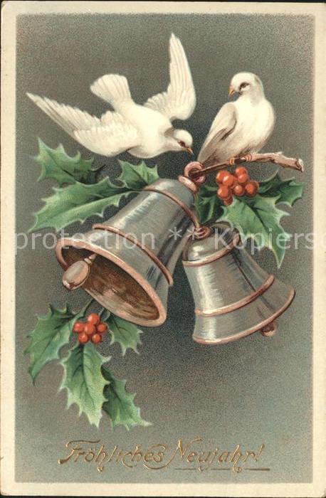 Kirchenglocke Churchbell Cloche Eglise Tauben Stechpalme Neujahr Litho