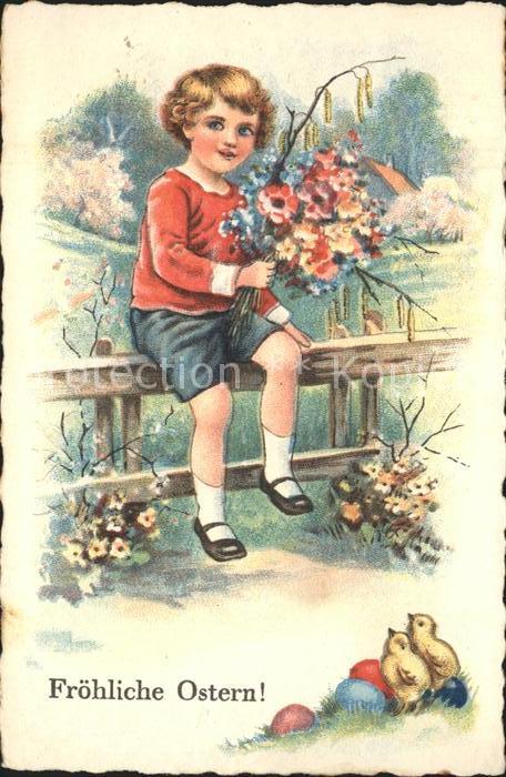 Ostern Easter Paques Kind Kueken Blumen Ostereier Litho