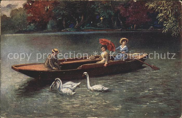 Kuenstlerkarte A. Gareis Kahnfahrt am See Schwaene