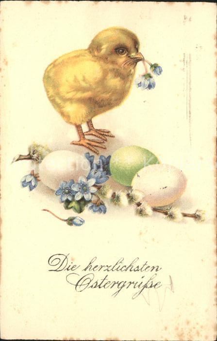 Ostern Easter Paques Kueken Ostereier Leberbluemchen Litho