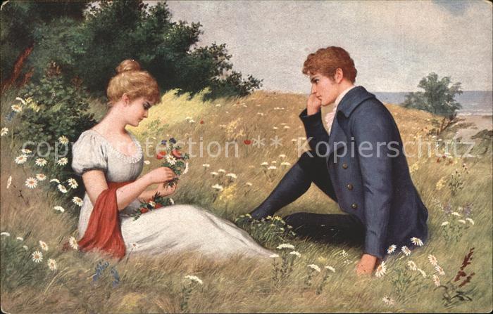 Kuenstlerkarte Adolf Hering Liebesgestaendnis Wiese Blumen