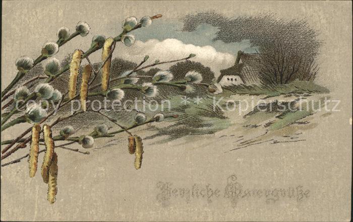 Ostern Easter Paques Weidenkätzchen Hasel Litho
