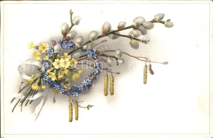 Ostern Easter Paques Schluesselblumen Weidenkaetzchen Hasel Litho