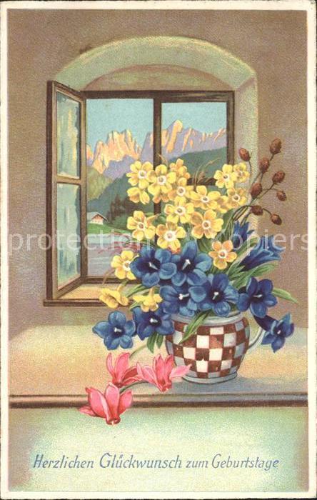 Geburtstag Enzian Alpenveilchen Schluesselblumen Vase