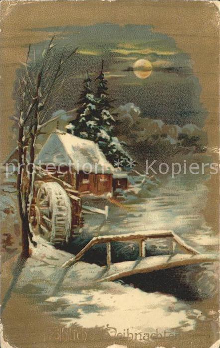 Wassermuehle Weihnachten Litho