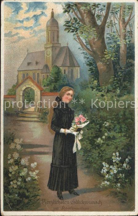 Konfirmation Maedchen Rosen Kirche Litho