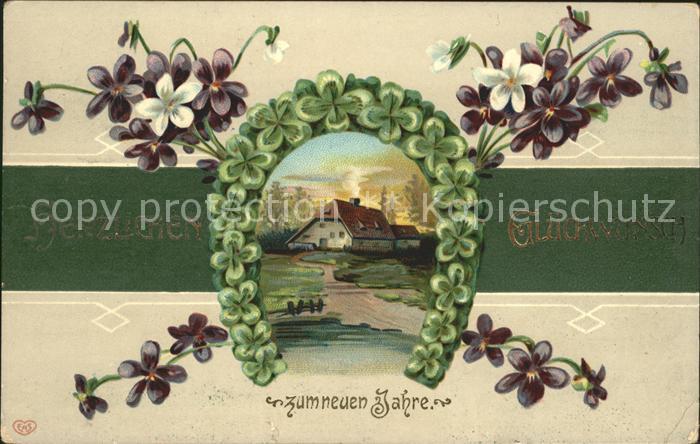 Hufeisen Kleeblätter Veilchen Neujahr Litho