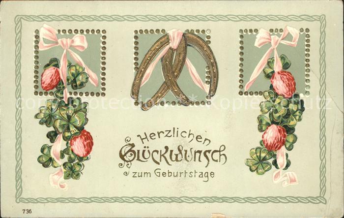Geburtstag Kleeblätter Kleeblumen Hufeisen Litho