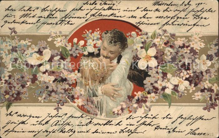 Hochzeit Paar Kuss Blumen Litho