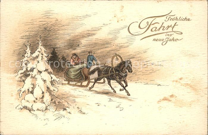 Schlitten Schnee Pferdeschlitten Neujahr Litho