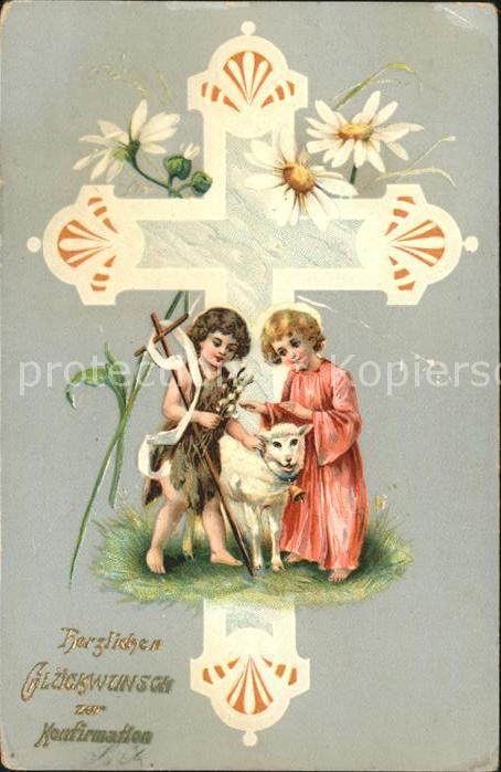 Konfirmation Kinder Schaf Weidenkaetzchen Kreuz Margeriten Litho