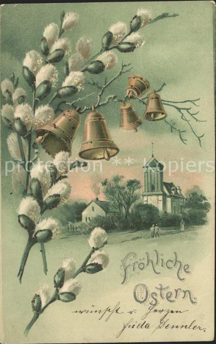 Kirchenglocke Churchbell Cloche Eglise Weidenkätzchen Ostern Litho