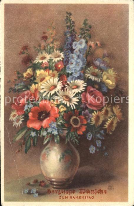 Namenstag Namenskarte Anemonen Margeriten Vergissmeinnicht Vase